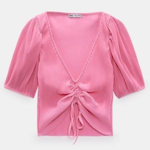 Zara Bright Pink Puff Sleeve Crop Top Crimp Pleated size S Small